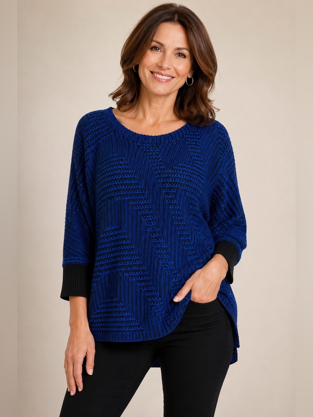Dana Buchman Blue & Black Textured Knit Sweater Hi-Low Cotton Dolman Sleeve L